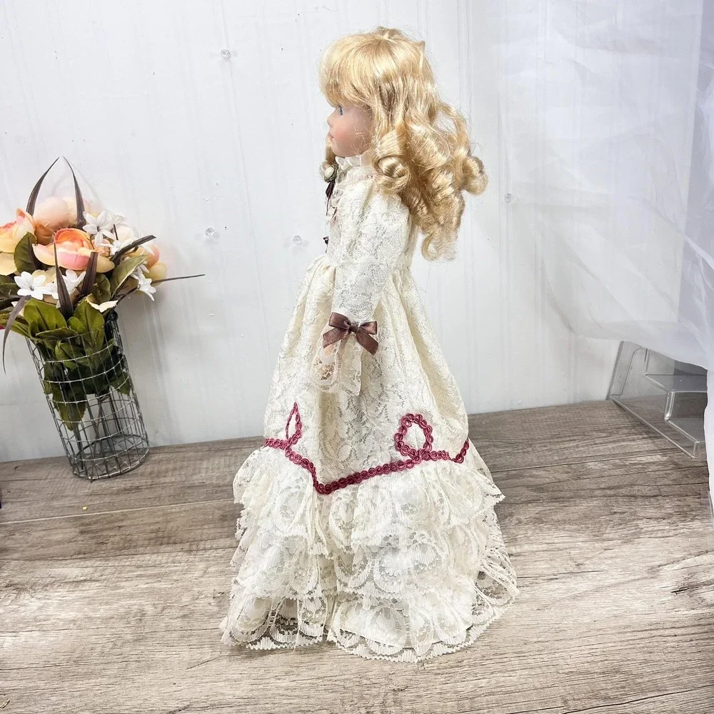 Vintage Porcelain‎ Doll, Painted Face Collectible Doll in Lace Dress